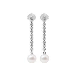 Aretes Largos Oro Blanco 14k, con Diamantes y Perla