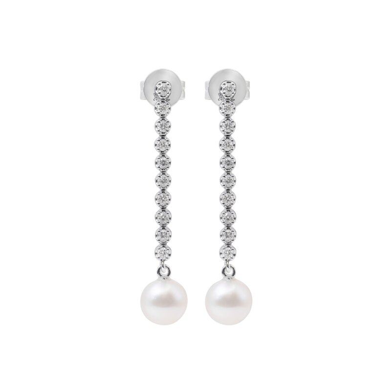 Aretes Largos Oro Blanco 14k, con Diamantes y Perla